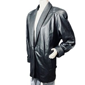 🧥👠 PELLE New York Milano VTG 90s Genuine Leather Shawl Collar Coat Jacket Sz XL